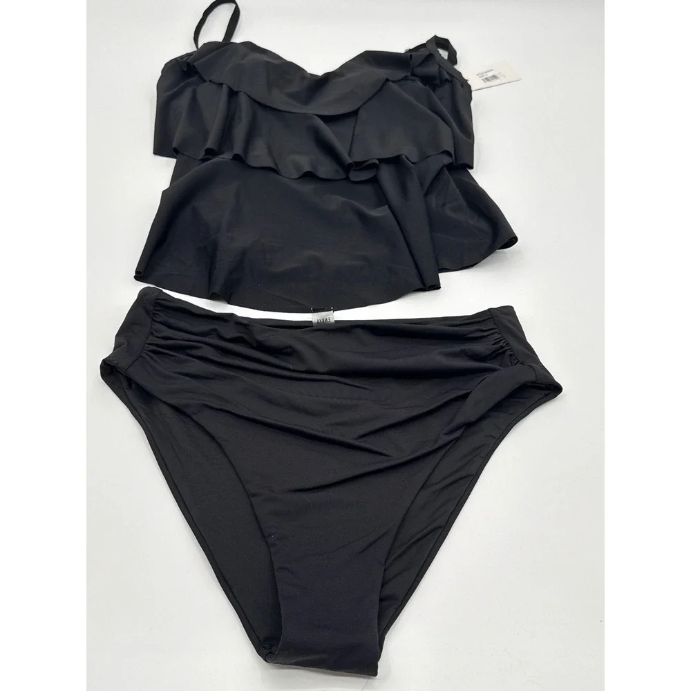 Envya Curves Black Ruffle Tankini Set High Waisted Bikini Plus Size 1X M0003A